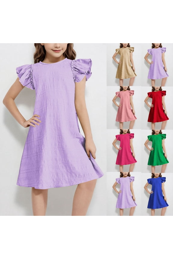 Mevxay Girl's 2025 Summer Dress Flutter Sleeve A Line Sundresses Swing Mini Casual Party Dresses Size 6-15 Years Purple