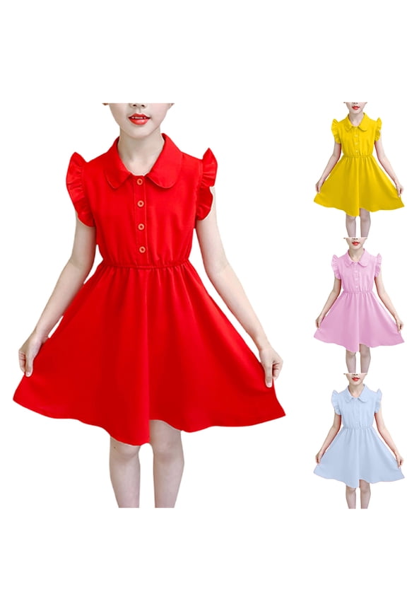 Girl's Babydoll Collar Dresses Sleeveless A-Line Ruffle Button Waisted Short Shift Midi Dress for 4-12 Years Pink