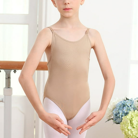 Mevxay Girl's Camisole Bodysuit Dancewear Sleeveless Backless Practice Invisible Flesh-colored Jumpsuit Cotton Performance Suit for 2-11 Years Beige
