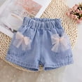 thumbnail image 1 of Mevxay Girl's Denim Shorts Lace Bow Elastic Waist Summer Jeans with Pocket for 3-12 Years Light Blue, 1 of 5
