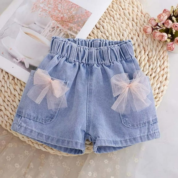 Mevxay Girl's Denim Shorts Lace Bow Elastic Waist Summer Jeans with Pocket for 3-12 Years Light Blue