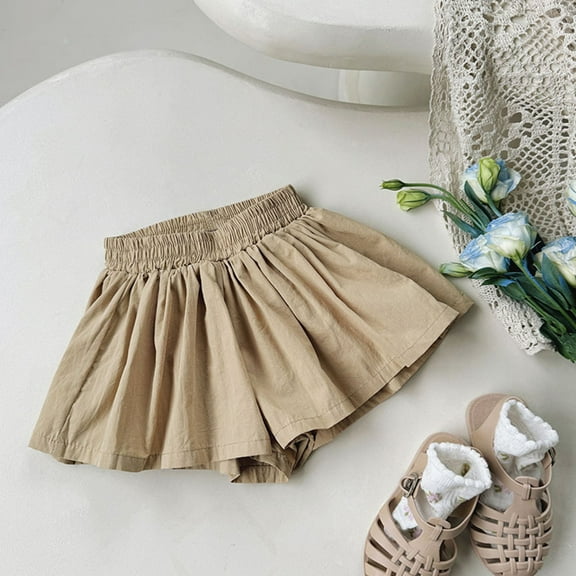 Qodauz Girl's Elastic Waist Shorts Solid Color 2 in 1 Flowy Skirt Pants Overlay Summer Loose Kids Cute Skirt Shorts 90-140 Beige