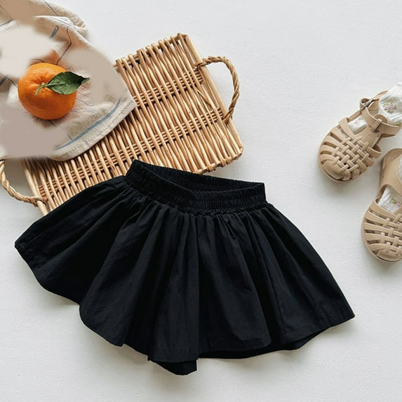 Mevxay Girl's Elastic Waist Shorts Solid Color 2 in 1 Flowy Skirt Pants Overlay Summer Loose Kids Cute Skirt Shorts 90-140 Black