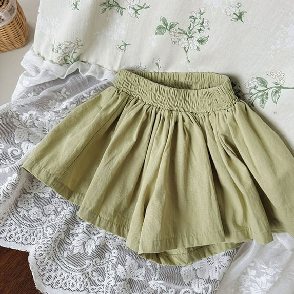 Qodauz Girl's Elastic Waist Shorts Solid Color 2 in 1 Flowy Skirt Pants Overlay Summer Loose Kids Cute Skirt Shorts 90-140 Green