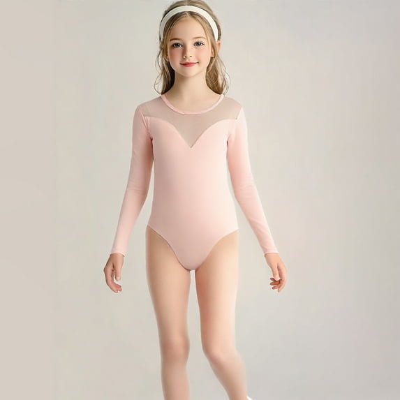 Mevxay Girl's Long Sleeve Dance Bodysuit Mesh Crew Neck Open-File Practice Solid Color Jumpsuit Cotton Performance Suit for 2-15 Years Pink