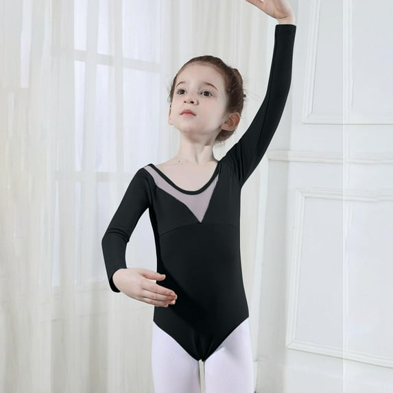 Qodauz Girl's Long Sleeve Dance Leotard Solid Color Crew Neck Cotton Training Bodysuit Summer Performance Wear for 5-18 Years Black