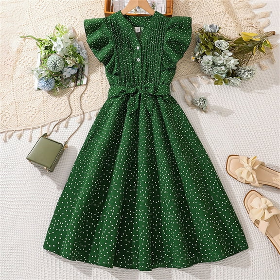 Mevxay Girl's Polka Dot Vintage Summer Dress Sleeveless Ruffle V Neck Button A-Line Bow Waist Dress for 7-15 Years Green