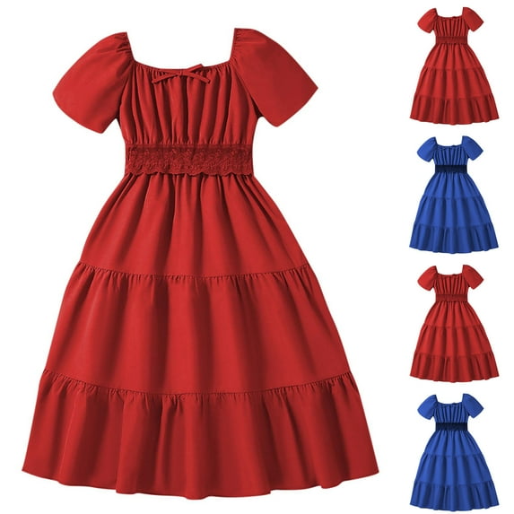 Mevxay Girl's Puff Short Sleeve Princess Dresses Lace Waist Bow A-Line Layered Sundress Wedding Birthday Party Gown for 7-15 Years Red