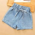 thumbnail image 1 of Qodauz Girl's Ruffle Denim Shorts Drawstring Elastic Waist Jean Shorts with Pocket for 3-12 Years Blue, 1 of 3