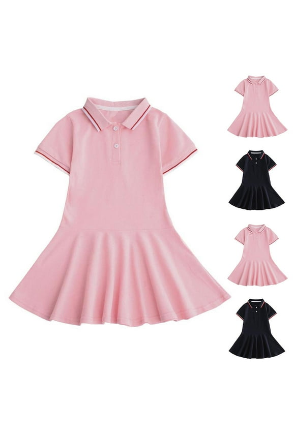 Girl's Short Sleeve Tennis Dress Lapel Button A-Line Skating Sport Mini Dress 3-12 Years Pink