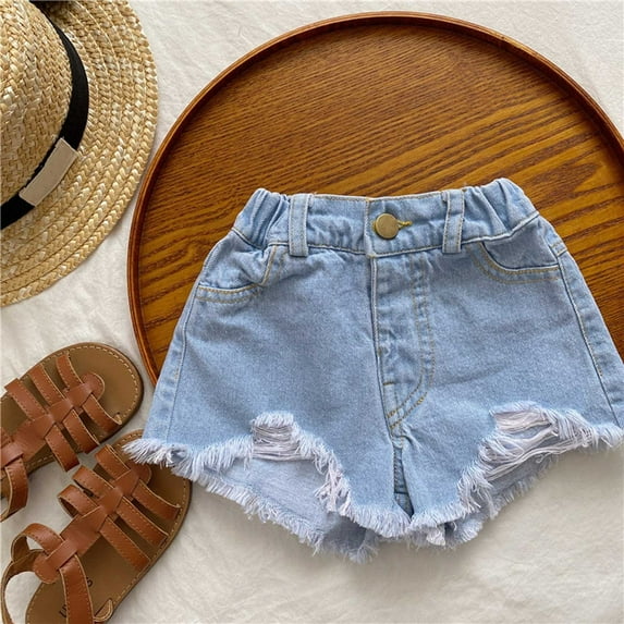 Mevxay Girl’s Summer Denim Shorts Fringe Elastic Waist Jeans Pockets for 2-11 Years Light Blue