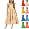 thumbnail image 1 of Qodauz Girl's Summer Dress Double Layer Ruffle Sleeve Smocked Cute Flowy Tiered Maxi Sundress 4-12 Years Blue, 1 of 7