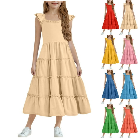 Qodauz Girl's Summer Dress Double Layer Ruffle Sleeve Smocked Cute Flowy Tiered Maxi Sundress 4-12 Years Blue