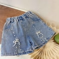 thumbnail image 1 of Mevxay Girl's Trendy Denim Shorts Beaded Open Bow Elastic Waist Summer Outwear for Kids Teen 2-12 Years Light Blue, 1 of 7