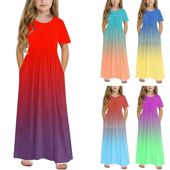Qodauz Girls 2025 Summer Maxi Dress Gradient Pleated Short Sleeve Casual Long Dresses with Pockets for 6-15 Years Blue