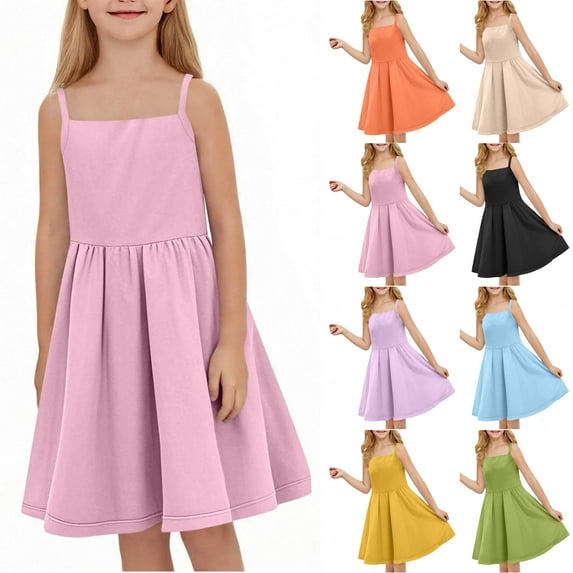 Mevxay Girls Cami Dress Sleeveless Square Neck A-Line Ruffle Swing Summer Midi Dresses for 6-15 Years Pink