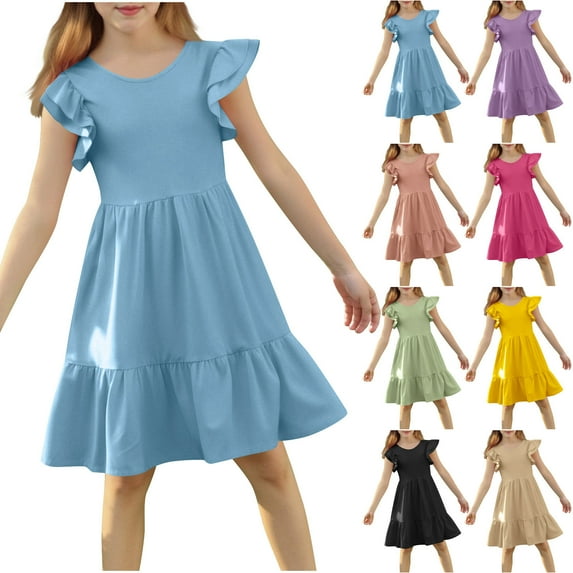 Mevxay Girls Dresses Double Pleated Sleeve Crew Neck Casual Tween Sundress for 6-12 Years Purple