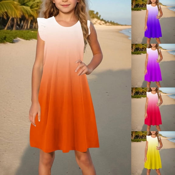 Mevxay Girls Gradient Dress A Line Swing Ruffle Sleeve Crewneck Skater Twirl Flowy Dresses for 4-12 Years White