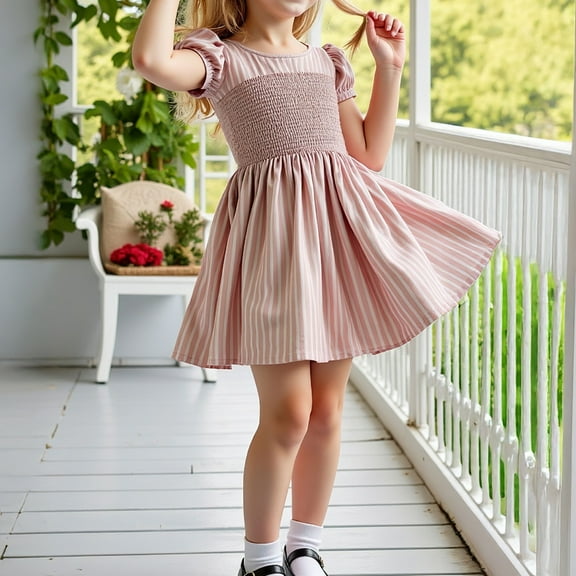 Mevxay Girls Lantern Sleeves Dress Smocked Stripes A-Line Swing Midi Dresses for 3-9 Years Pink