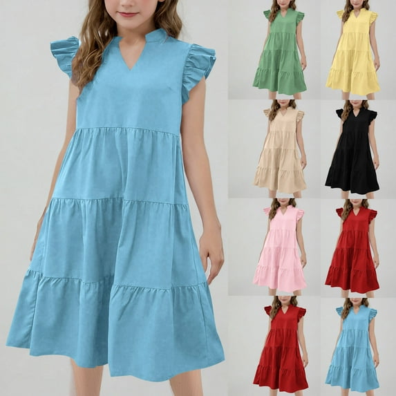 Mevxay Girls Maxi Dress Ruffle Sleeve Notch V Neck Flowy A-Line Beach Tween Boho Sundress 6-15 Years Pink