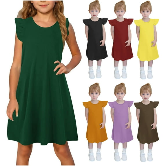 Milgrthf Girls Midi Dress Summer Ruffle Sleeve A Line Swing Basic Skater Twirl Party Dresses 4-12 Years Red