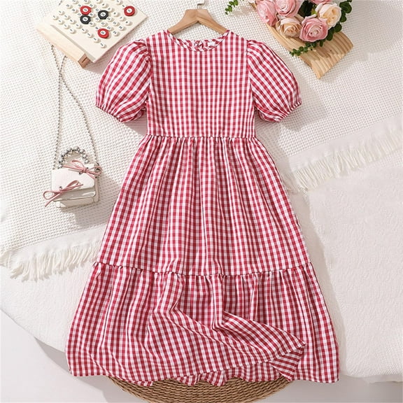 Qodauz Girls Plaid Summer Dresses Crew Neck Lantern Sleeve Ruffle A-Line Tween Sundress Mini Dress Size 6-15 Years Red