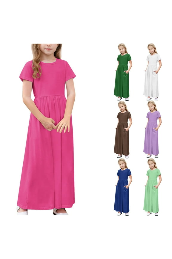 Girls Pleated Maxi Dress Solid Color Short Sleeve 2025 Summer Long Dresses with Pockets for 6-15 Years White