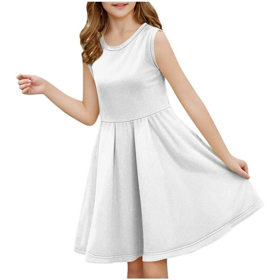 Mevxay Girls Sleeveless Dress Solid Color A Line Swing Summer Midi Dress 6-14 Years White