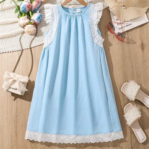 Mevxay Girls Sleeveless Summer Dresses Cute Lace Trim Crew Neck Princess Mini Dress for 7-15 Years Light Blue