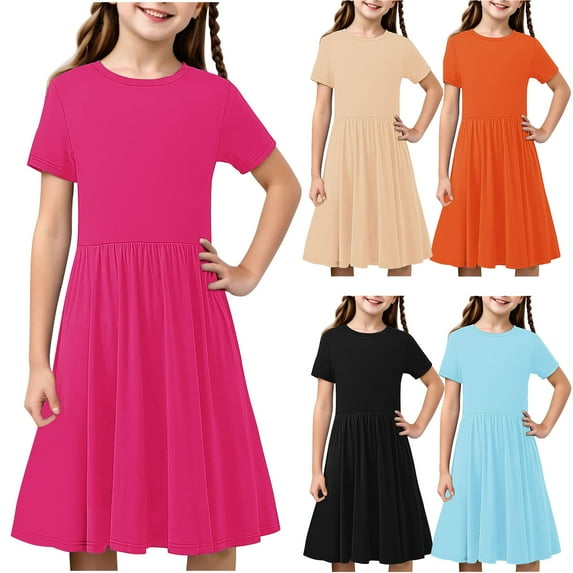 Mevxay Girls Summer Dress 2025 Tween Pleated Solid Color Short Sleeve Midi Dresses for 6-15 Years Blue