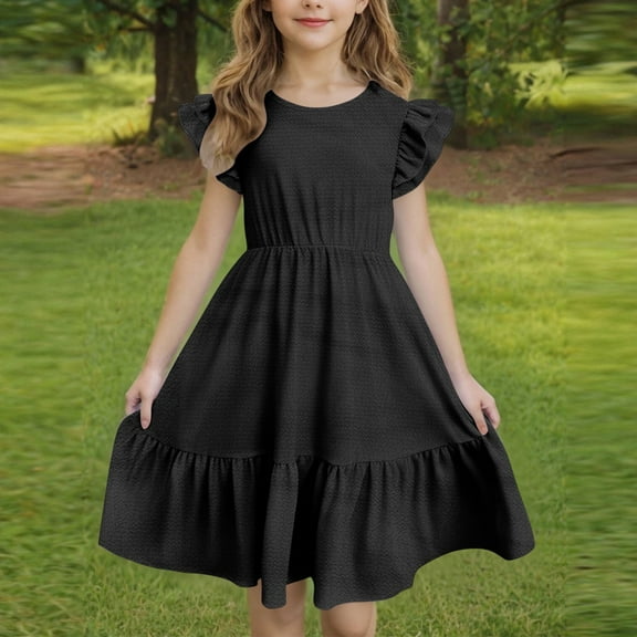 Mevxay Girls Summer Dress Kids Casual Double Layer Ruffle Sleeve Tiered Swing Midi Sundress 7-15 Years Black