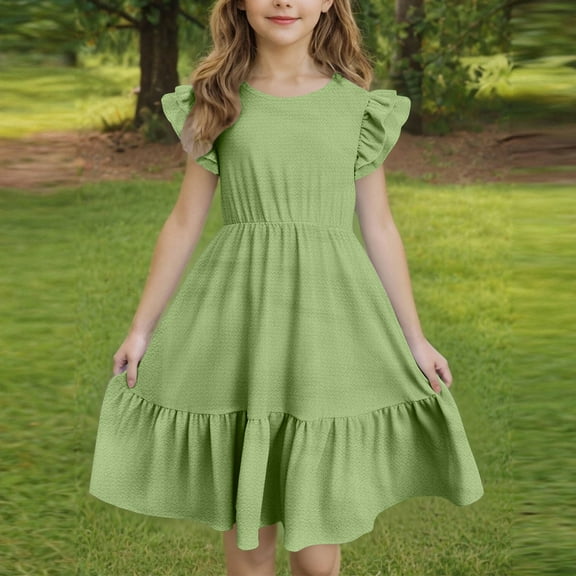 Mevxay Girls Summer Dress Kids Casual Double Layer Ruffle Sleeve Tiered Swing Midi Sundress 7-15 Years Green
