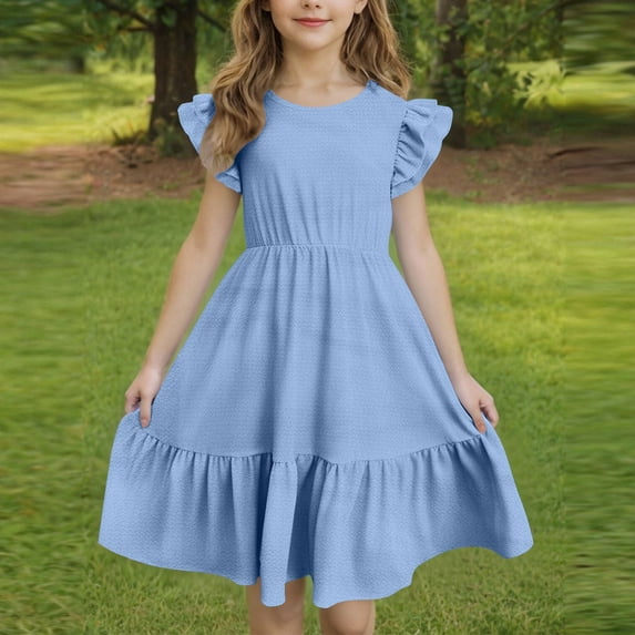 Mevxay Girls Summer Dress Kids Casual Double Layer Ruffle Sleeve Tiered Swing Midi Sundress 7-15 Years Light Blue