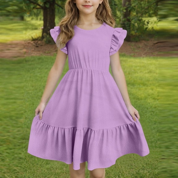 Mevxay Girls Summer Dress Kids Casual Double Layer Ruffle Sleeve Tiered Swing Midi Sundress 7-15 Years Purple