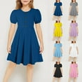 thumbnail image 1 of Mevxay Girls Summer Dress Kids Crew Neck Puff Sleeve A-Line Button Swing Flowy Skater Twirl Mini Dresses 5-15 Years Gray, 1 of 8