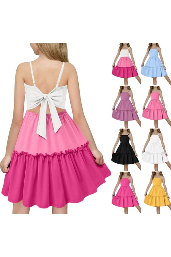 Girls Tie Back Dress Spaghetti Strap Bow Ruffle Hem Casual Sleeveless Summer Beach Sundress 2025 Sky Blue