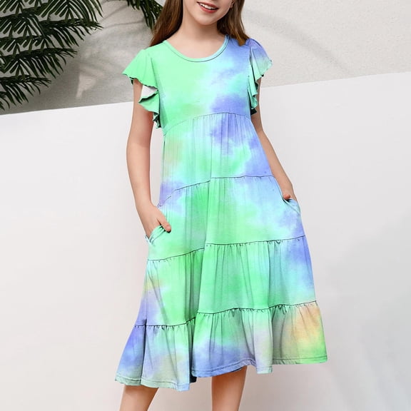 Qodauz Girls Tie Dye Maxi Dress Summer Short Ruffle Sleeve Crew Neck Layered Dresses for 6-12 Years Green