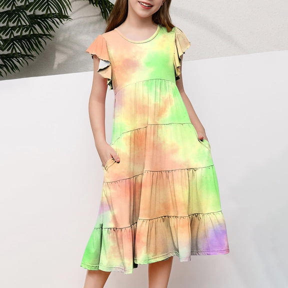 Mevxay Girls Tie Dye Maxi Dress Summer Short Ruffle Sleeve Crew Neck Layered Dresses for 6-12 Years Orange