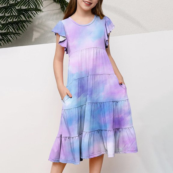 Mevxay Girls Tie Dye Maxi Dress Summer Short Ruffle Sleeve Crew Neck Layered Dresses for 6-12 Years Purple