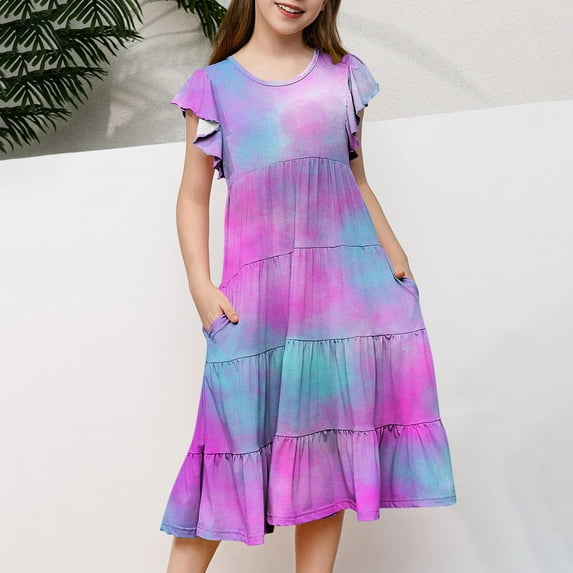 Mevxay Girls Tie Dye Maxi Dress Summer Short Ruffle Sleeve Crew Neck Layered Dresses for 6-12 Years Purple