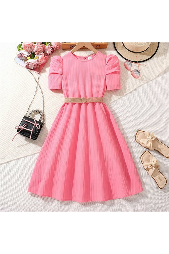 Puff Sleeve Dress for Girls 2025 Summer Crewneck Button Back A-Line Stripes Maxi Dresses 7-15 Years Pink