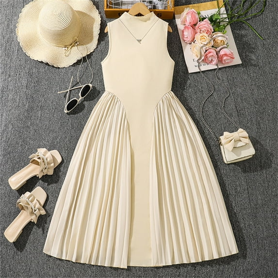 Mevxay Summer Dresses for Girls White Dress Casual Cute Trendy Ruffle Sleeve for Teen Girls Vestidos para Niñas Elegantes 2025 Beige