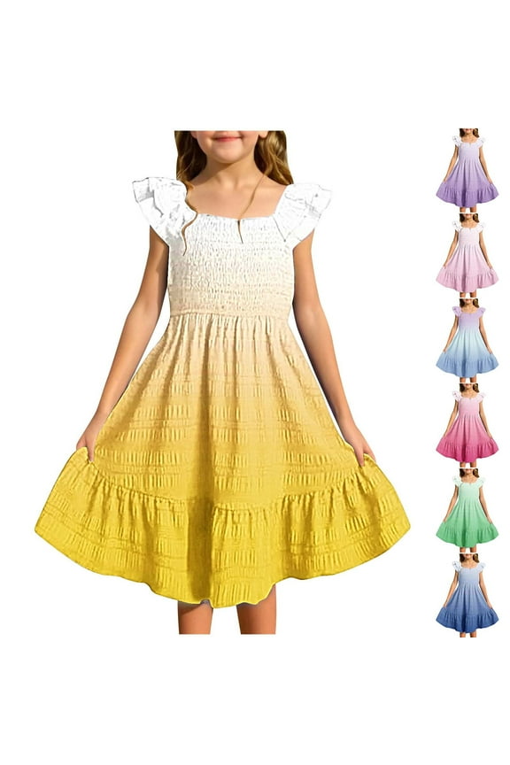 Summer Girl's Dresses Gradient Square Neck Pleated Short Sleeveless Mini Sundresses for 4-17 Years Hot Pink