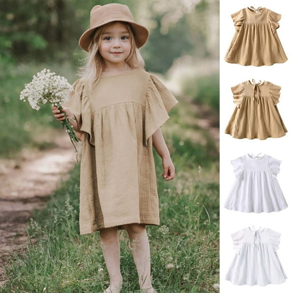 Mevxay Toddler Girl's Ruffle Sleeve Mini Dress Cotton Linen Pleated Baby Girl Summer Casual Cute Mini Dress for 2-7 Years Khaki