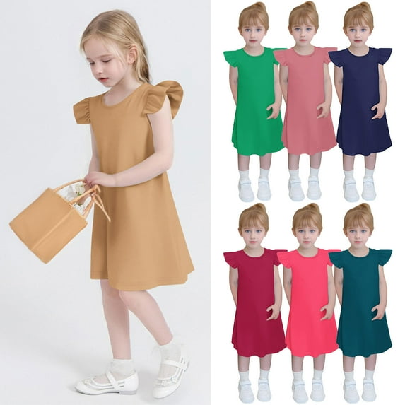 Mevxay Toddler Girls Dress Ruffle Sleeve Basic Casual A Line Mini Dresses 4-12 Y Hot Pink