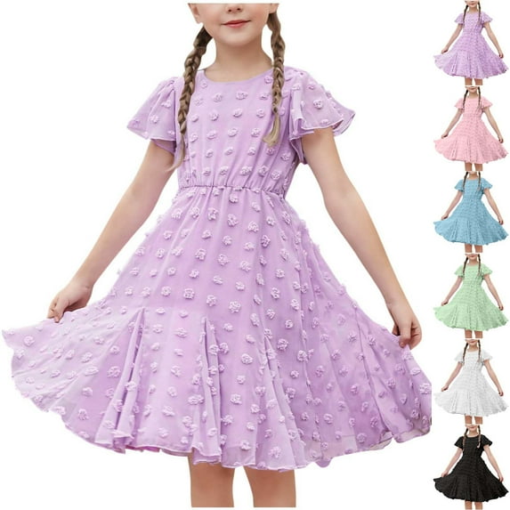 Mevxay Tween Girls Cute Dress Swiss Dot Ruffle Short Sleeve Twirly Layered Birthday Party Midi Dresses for 5-15 Years Pink