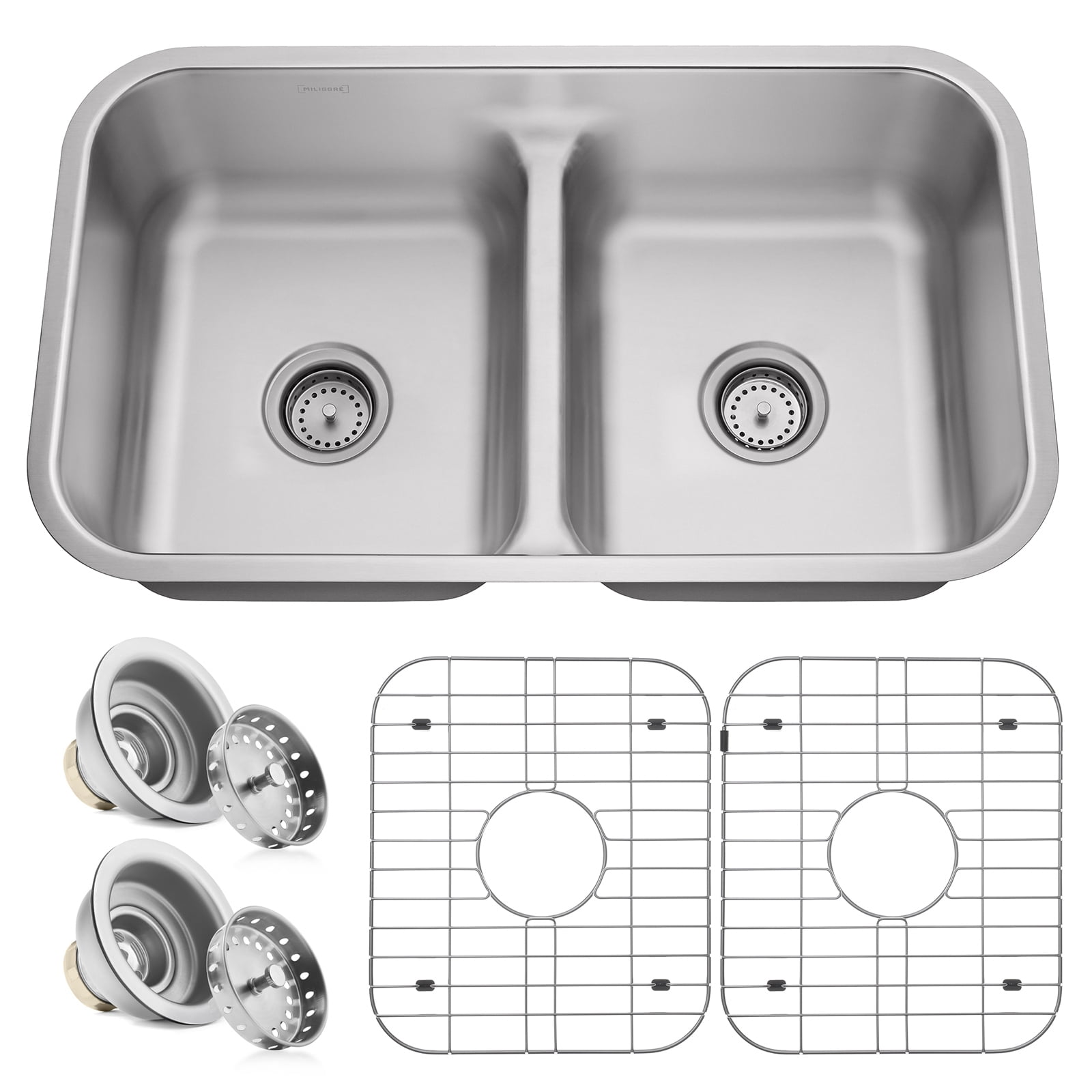 Miligoré 32" x 19" x 9" Deep Double Bowl (50/50 Low Profile Split) 16-Gauge Stainless Steel Kitchen Sink - Includes Drains/Grids