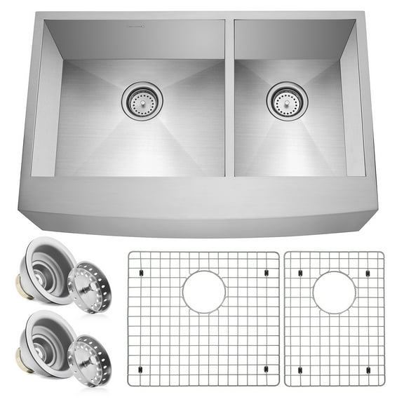 Miligor 33" x 21" x 10" Deep Double Bowl (60/40 Split) Farmhouse Apron Zero Radius 16-Gauge Stainless Steel Kitchen Sink - Includes Drains/Grids