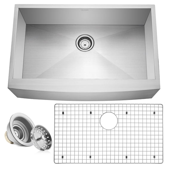 Miligoré 33" x 21" x 10" Deep Single Bowl Farmhouse Apron Zero Radius 16-Gauge Stainless Steel Kitchen Sink - Includes Drain/Grid