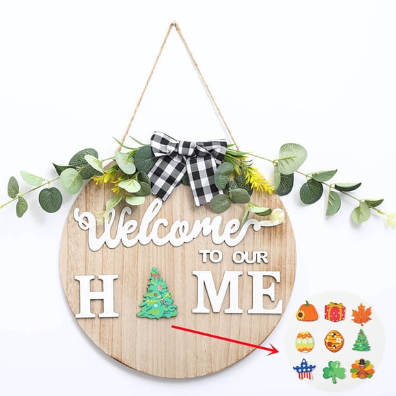 Milikeke Easter Interchangeable Welcome Sign, Rustic Wooden Front Door Decor with Changeable Icons, for Home